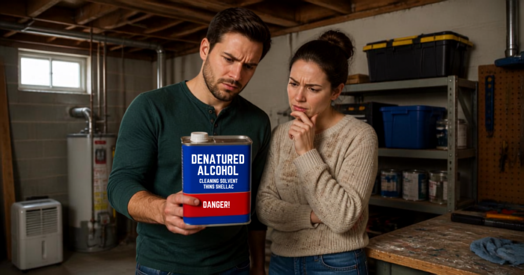 couple looking at denatured alcohol in garage