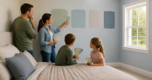 family looking at bedroom paint colors