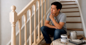 man sitting on staircase looking at railing