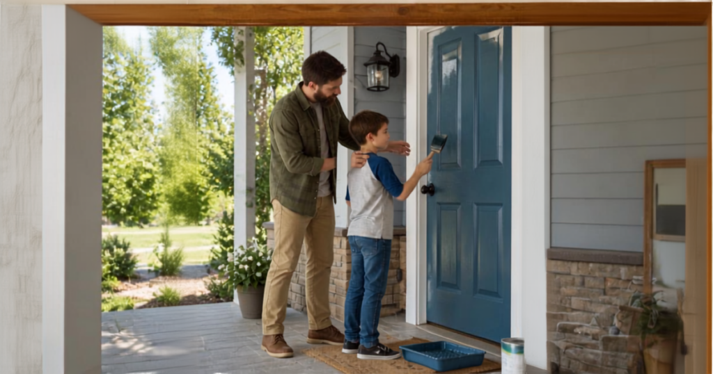 father and son painting front door